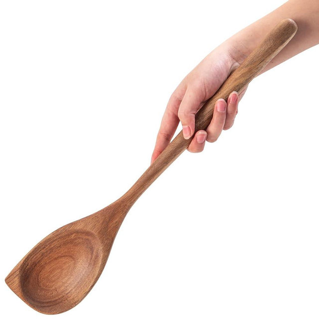 Large Wooden Spoon for Cooking,17 inch Big Wood Scoop Utensil for Deep Pot,Giant Acacia Wood Corner Spoon with Long Handle,Versatile Wood Spoons for Stirring,Flipping,Serving,Scraping