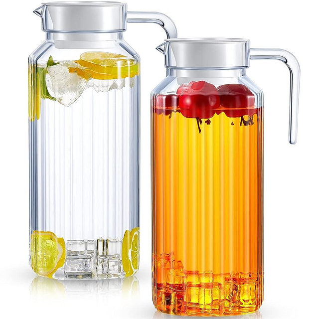 Plastic Pitcher with Lid Clear Acrylic Pitcher Shatter Proof Drink Pitcher Juice Containers with Lids for Fridge Iced Tea Pitcher with Spout Handle for Water Milk Sangria Lemonade (2 Pcs, 68 oz)