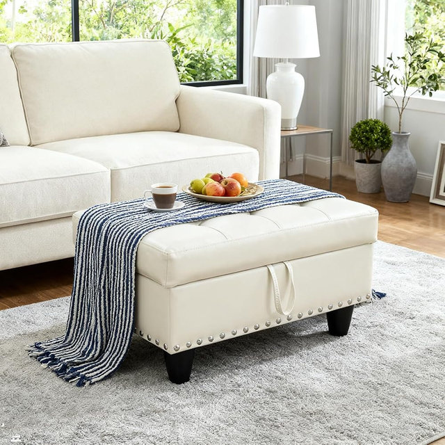 Snuptor Chesterfield Storage Ottoman Footstool Bench for Living Room Furniture,28.5" Square Foot Rest Stool Coffee Table,Retro Rivet Ottoman for Home Decor,Bedroom,Apartment,Rv Car(Cream Leather)