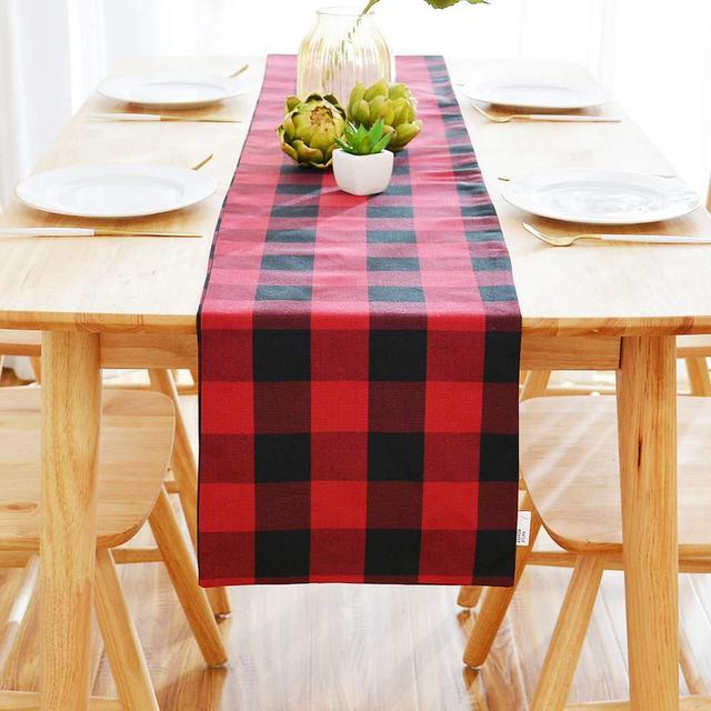 NATUS WEAVER 2 Piece Fabric in 1 Red & Black Buffalo Check Farmhouse Decorative Table Runner for Family Dinners or Gatherings, Indoor or Outdoor Parties, Everyday Use (12 x 60)