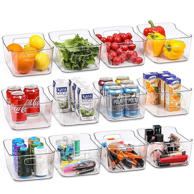 [ 12 Pack ] Clear Multi-Use Storage Bins - Fridge Organizer Bins, Refrigerator, Freezer Containers - Pantry Cabinet Shelves Organization - Kitchen Closet, RV, Office Organizing - BPA Free