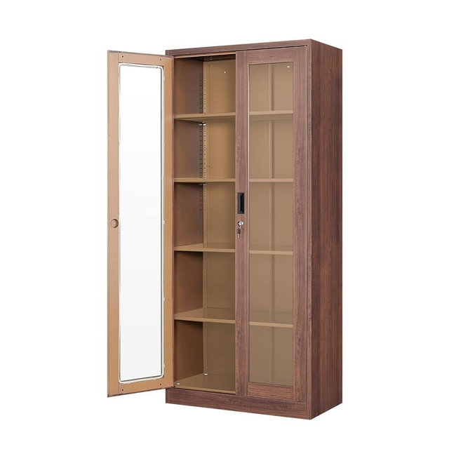 PEUKC Display Cabinet with Glass Doors, Curio Cabinets with 4 Adjustable Shelves, Locking Glass Cabinet Display Case for Home, Office, Clinic, Pantry, Assemble Required (Wood Color)
