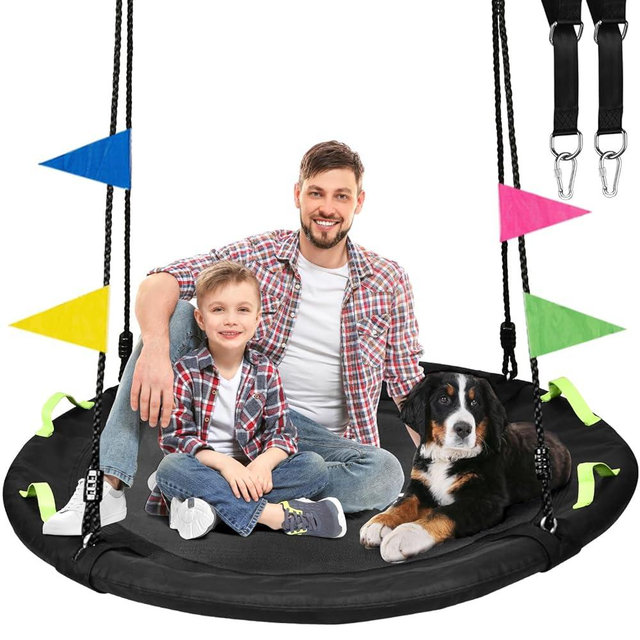 HeyZoo 48 inch Tree Swing, Larger Saucer Flying Swing for Whole Family, 900lbs Weight Capacity, with Adjustable Hanging Straps, Swing Sets for Outdoor, Black, Gifts for Kids