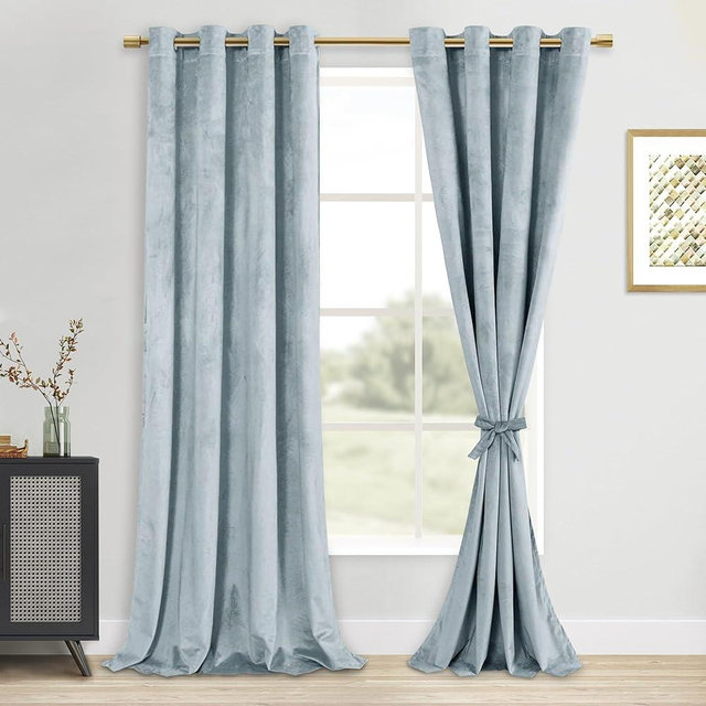 DWCN Velvet Curtains - 90 Inches Long Thick Grommet Tieable Window Treatments Room Darkening Privacy Protect Blackout Drapes for Bedroom Living Room Home Decor, Stone Blue, W52 x L90, 2 Panels