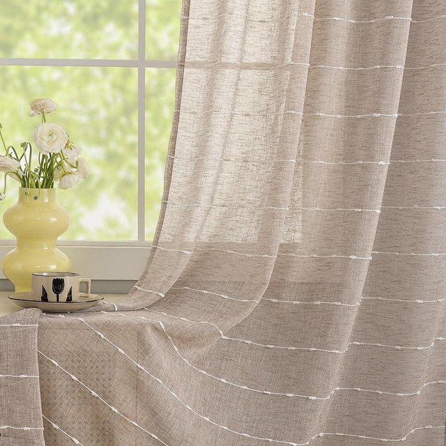 Conkov Taupe Sheer Curtains 84 Inches Long for Living Room 2 Panels Set,Flax Linen Farmhouse Curtains Neutral Boho Style White Embroidered Striped Drapes for Bedroom Dining Room Window, 52" W X 84" L