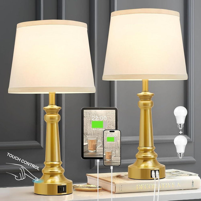 EJIAXIN Touch Lamps for Nightstand Set of 2 - Gold Table Lamp for Bedroom 3 Way Dimmable Bedside Lamps with USB C+A Ports - Lamps for Night Stands Living Room End Table,2 LED Bulbs Included