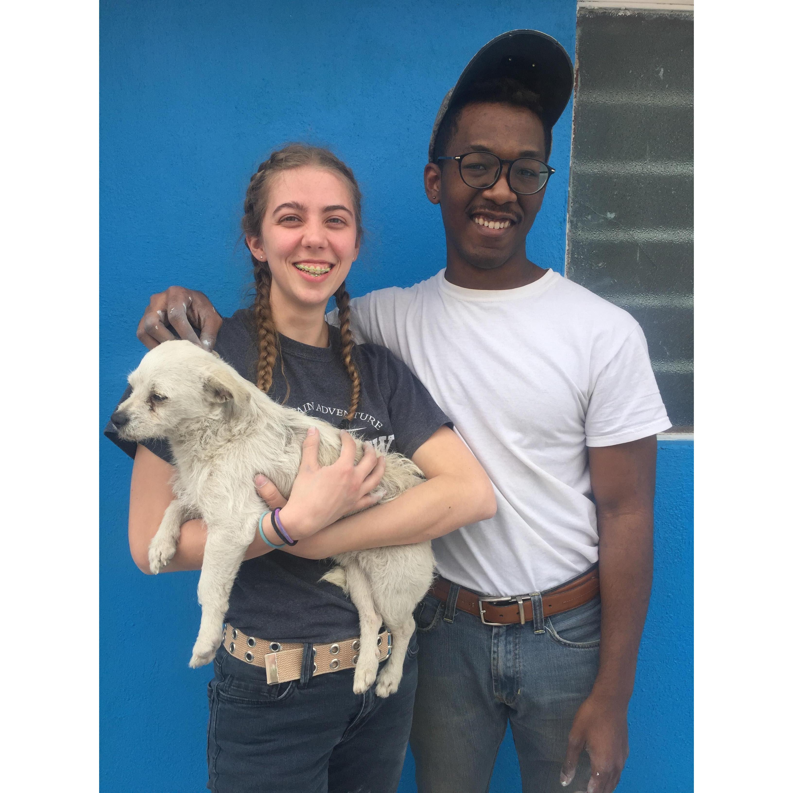 We were helping paint a church for some of our family in Christ in Mexico..... and we found a puppy..... he liked to nap on Myles' jacket.