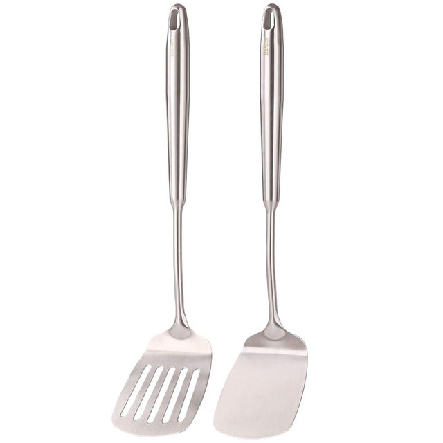 18/10 Stainless Steel Spatulas Set - 15” Long Spatulas for Kitchen, Metal Cooking Utensils - 1 Slotted Spatula + 1 Solid Turner (style A - all metal brushed)