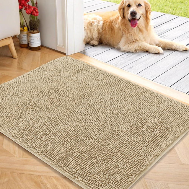 OLANLY Dog Door Mat for Muddy Paws 40x32, Absorbs Moisture and Dirt, Absorbent Non-Slip Washable Mat, Quick Dry Chenille, Mud Mat for Dogs, Entry Indoor Door Mat for Inside Floor, Beige