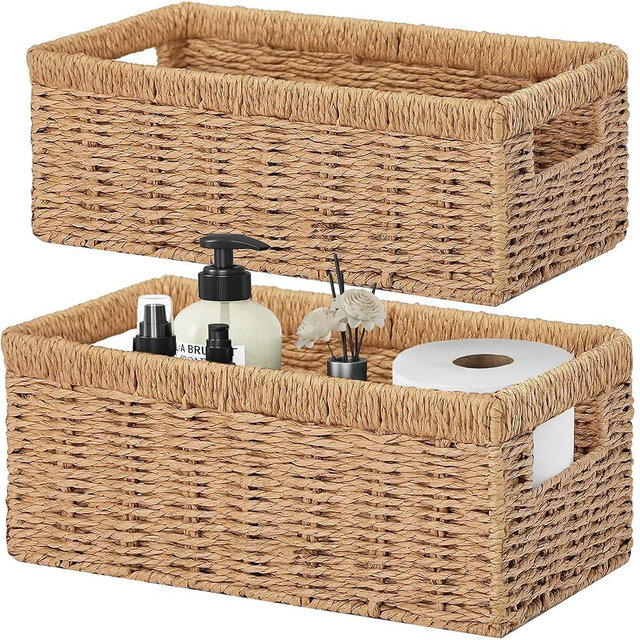 Vagusicc Wicker Storage Basket, Set of 2 Hand-Woven Paper Rope Wicker Baskets for Organizing Decor Storage Bins for Counter Shelves Pantry Basket Small Toilet Paper Basket for Toilet Tank Top, Natural