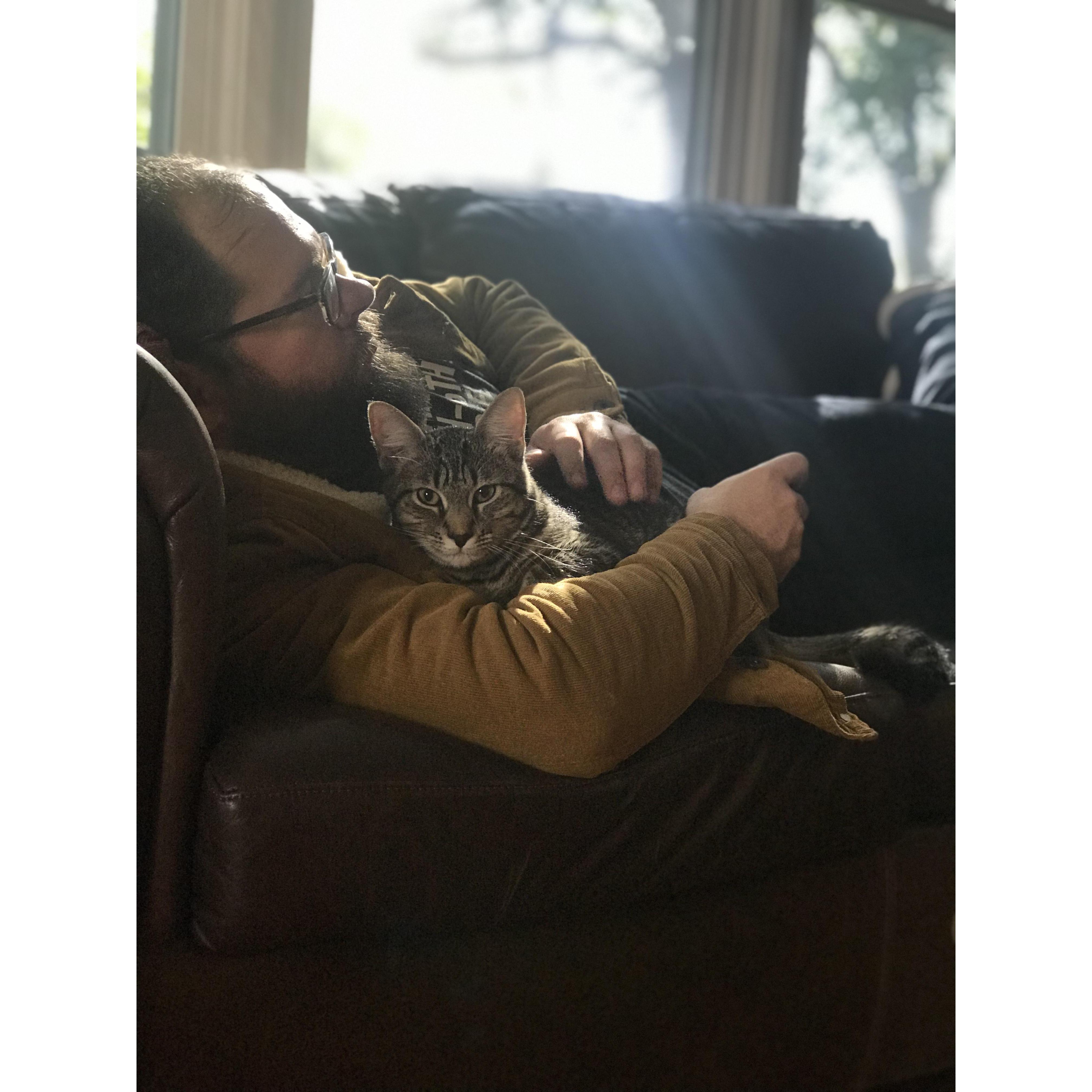 Chris with Walter Kitty Kitty. (He stole my spot!)