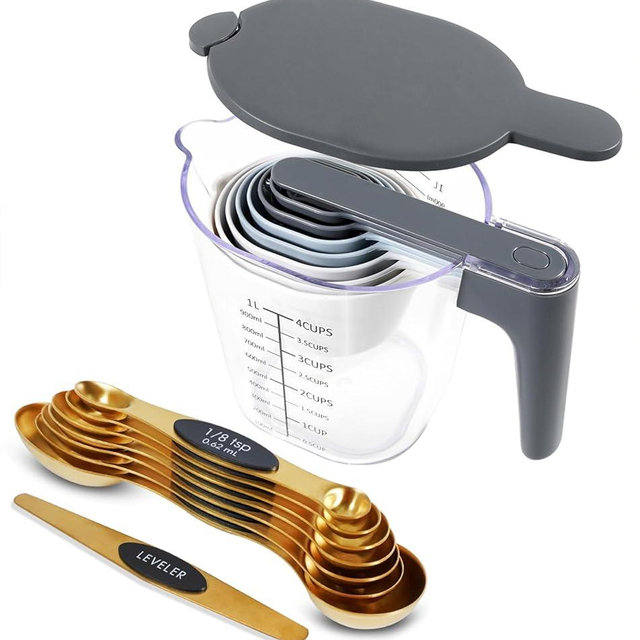 Recogwood 18 Pieces Measuring Cups and Spoons set, Includes 10 Stackable Measuring Cup with Lid and 8 Magnetic Measuring Spoons, for Liquid and Dry Ingredient, BPA Free (Golden)