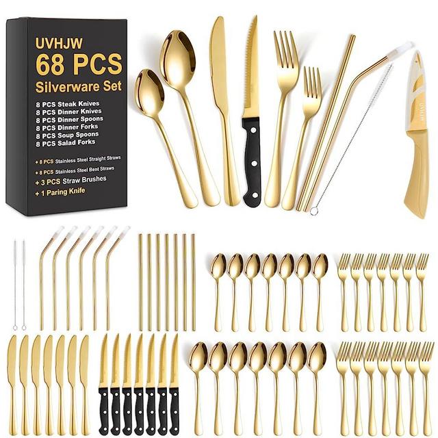 68-piece Gold Silverware Set with Steak Knife, Service for 8, Stainless Steel flatware Cutlery Set with Metal Straw Drinking Set, Mirror Polished Fork Spoon Knife Set Eating Utensils Tableware