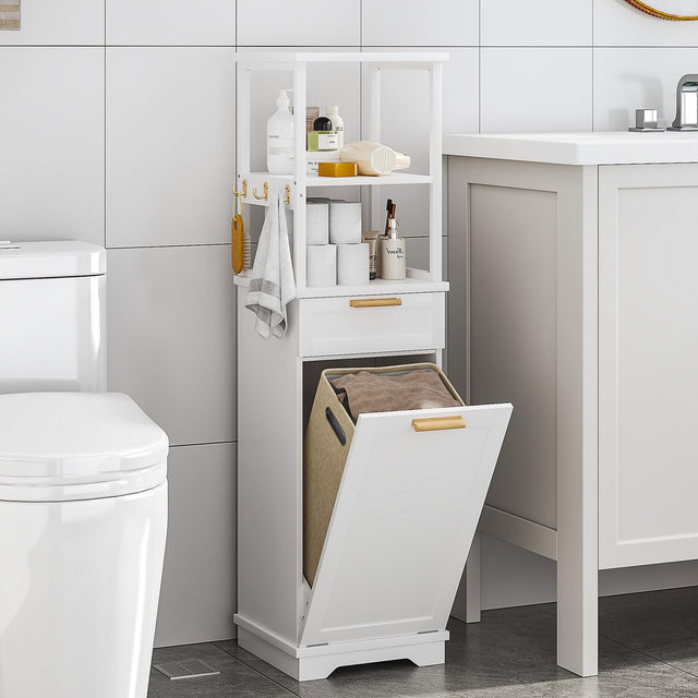 VECELO Tall Tilt Out Laundry Hamper Cabinet with Removable Laundry Basket, Floor Standing Bathroom Organizer with Drawer & 2 Open Shelves, White