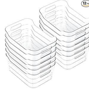 12 Pack Clear Plastic Storage Bins, Acrylic Organizer and Containers with Handle for Pantry, Cabinet, Closet, Refrigerator, Freezer, Bathroom, Kitchen Under Sink Storage