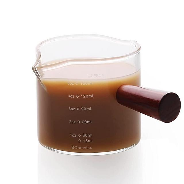 BCnmviku Double Spouts 150ML /5OZ Measuring Triple Pitcher Milk Cup with Wood Handle Espresso Shot Glasses Parts Clear Glass (1)