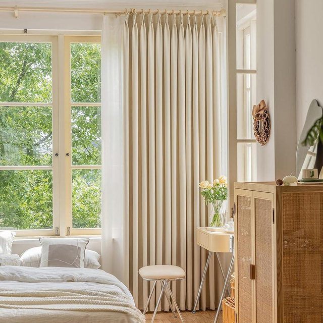 OYRING Pinch Pleated Curtain 96 Inches Long, Thermal Insulated Room Darkening Pleated Drape with Tieback for Living Room Bedroom, Beige Cream, 52''W x 96''L, 1 Panel