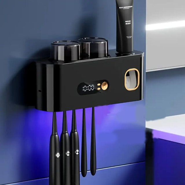 UV Toothbrush Sanitizer Wall Mount No Drill with Toothpaste Dispenser, Clock Time Display Toothbrush Holder Family Size, Electric Toothbrush Organizer Cleaner for Bathroom
