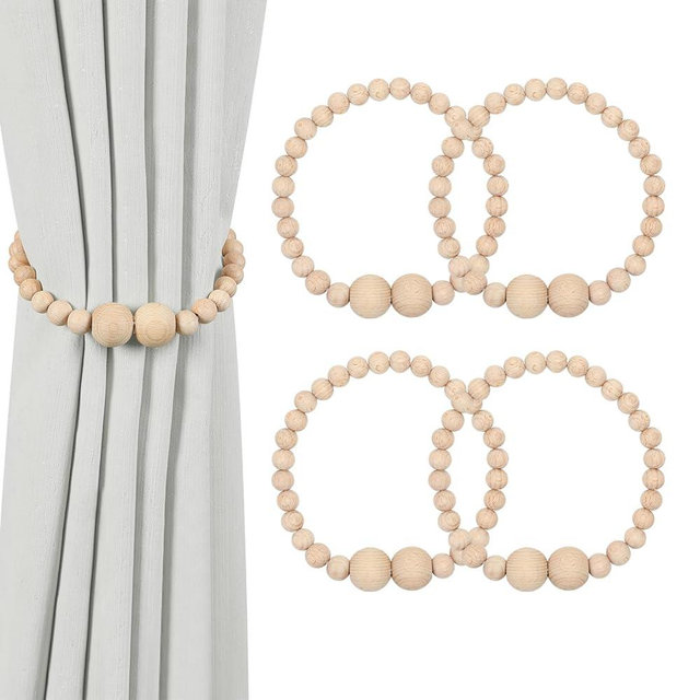 KLOGTSIND Magnetic Curtain Tiebacks, 4 Pack Curtain Holdbacks for Draperies, Wood Bead Curtain Tiebacks, Elegant Curtain Tie Backs for Bedroom Decor, Boho Room Decor, Nursery Decor, Farmhouse Décor