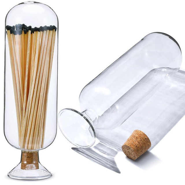 Extra Tall 11" Decorative Glass Matches Cloche Decorative Match Holder Jar for Candle Matches Trendy Fireplace Display Decor