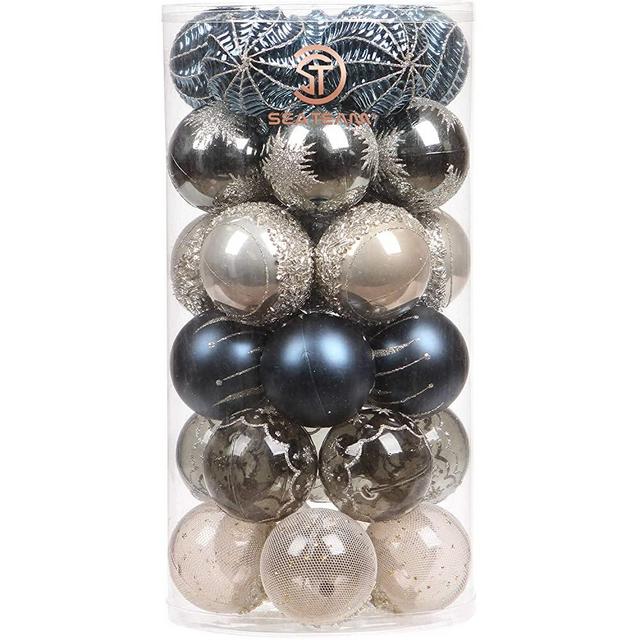 Sea Team 60mm/2.36" Delicate Contrast Color Theme Painting & Glittering Christmas Tree Pendants Decorative Hanging Christmas Baubles Balls Ornaments Set - 30 Pieces (Stone Blue & Silver Grey)