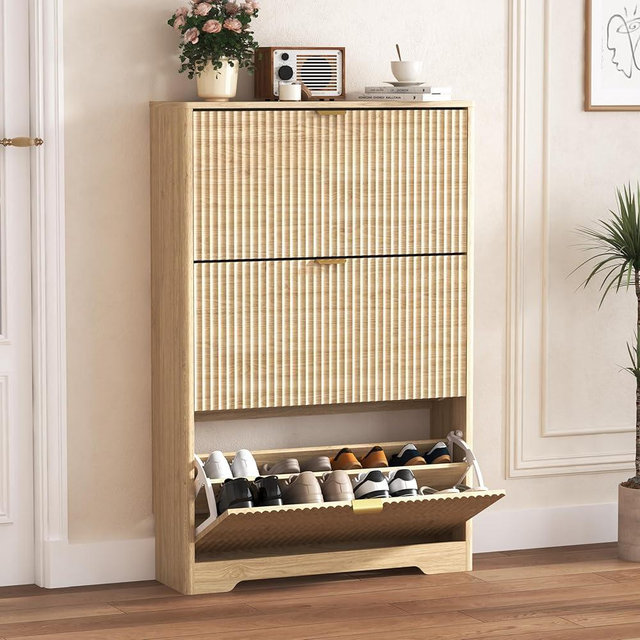 HUANLEGO Shoe Cabinet Storage for Entryway with 3 Flip Drawers, Oak Fluted Shoe Cabinet with Adjustable Shelves, Wooden Hidden Shoe Rack Freestanding Narrow Slim Shoes Storage for Hallway, Entrance