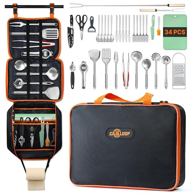 Gaialoop Camping Cooking Utensils Set Grilling Cookware Camp Kitchen Rotating Marshmallow Roasting Sticks BBQ Forks, Portable RV Camping Essentials Camper Must Haves for Cookouts Open Fire Pit