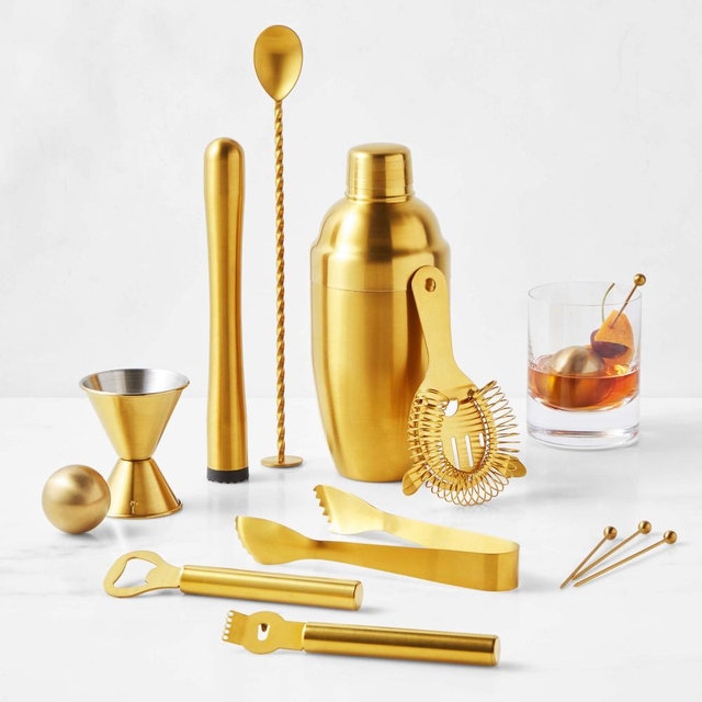 Williams Sonoma Deluxe Boxed Bar Tool and Shaker, Antique Brass