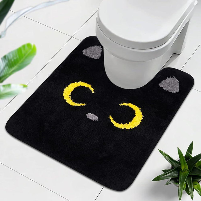 NIGOWAYS Toilet Rug - Cute Cat Rugs U Shaped Washable,Soft and Absorbent Bath Rug,Non Slip Toilet Bath Mat,Bathroom Contour Rug for Toilet Base(Black, 24" x 20")