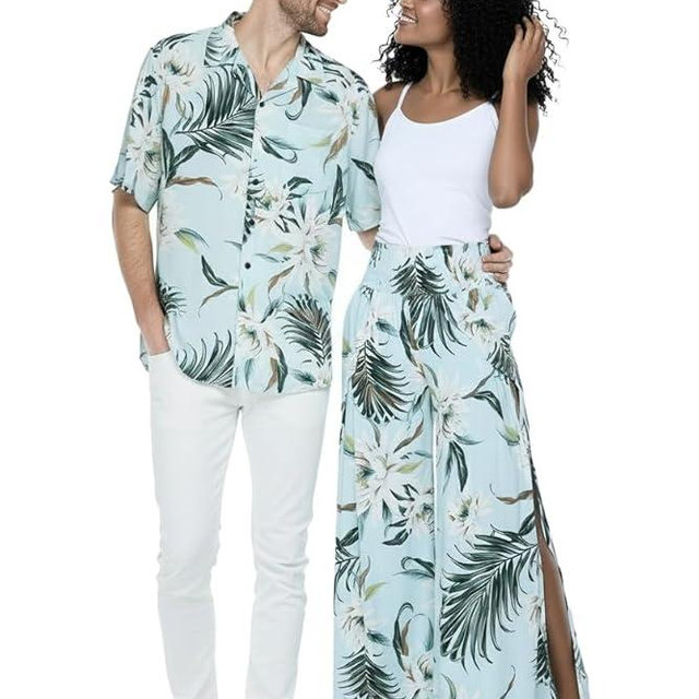 Matchable Couple Hawaiian Luau Shirt or Wide Legged Pants in Wispy Cereus Light Blue