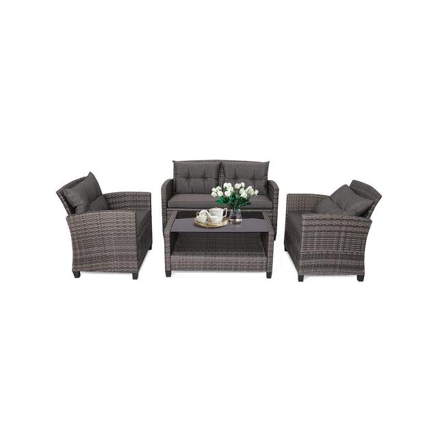 Tangkula 4-Piece Outdoor Patio Furniture Set Rattan Wicker Conversation Sofa Set with Coffee Table