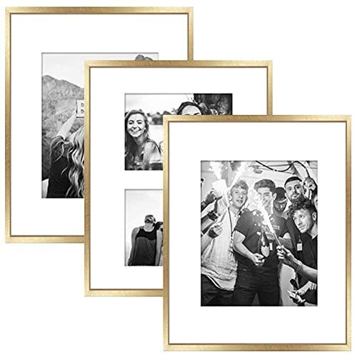 ArtbyHannah 11 x 14 Inch 3 Pack Gold Picture Frame Collage Set for Wall Art Decor- Made to Display Pictures 8x10 and 5x7 with Mat for Gallery Wall Kit or Home Decoration