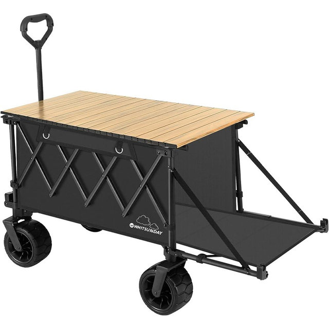 Whitsunday Collapsible Folding Wagon with Table, Heavy Duty Utility Beach Wagons with Opened Tailgate and All-Terrain Wheels for Camping,Garden,Sports (Max Black)