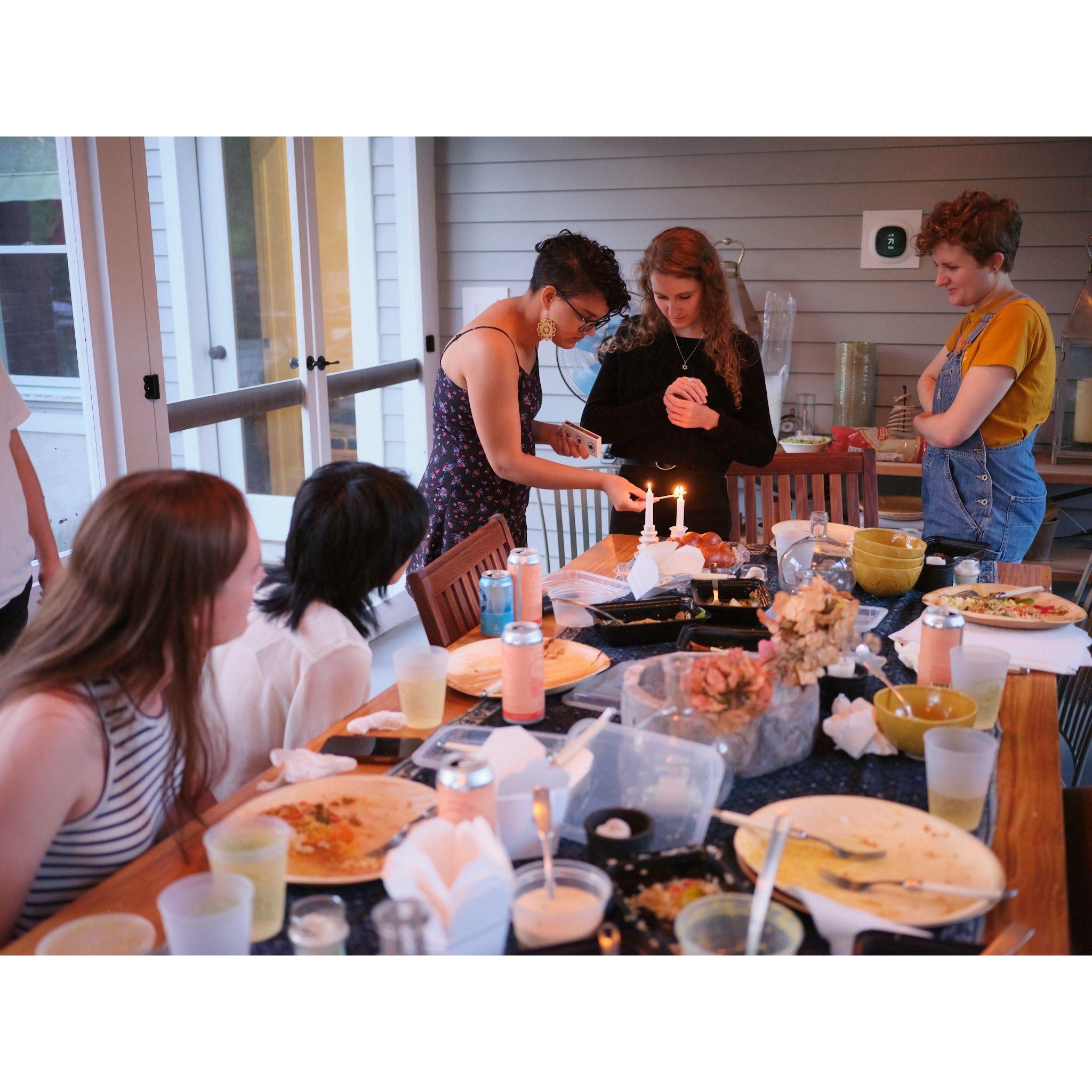 Shabbat on Friday night. Left to right: Mel, Manamaya, Ari, Kyra, Chiara
