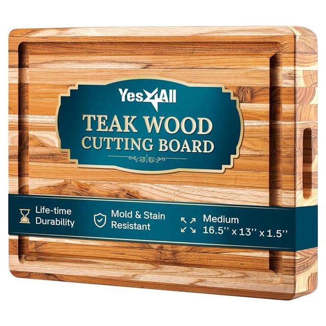 Yes4All Durable Teak Cutting Boards for Kitchen,[16.5''L x 13''W x 1.5”Thick] Medium Edge Grain Cutting Board, Pre Oiled Wood Cutting Boards, Thick Chopping Board w/Juice Grooves and Easy Grip Handle