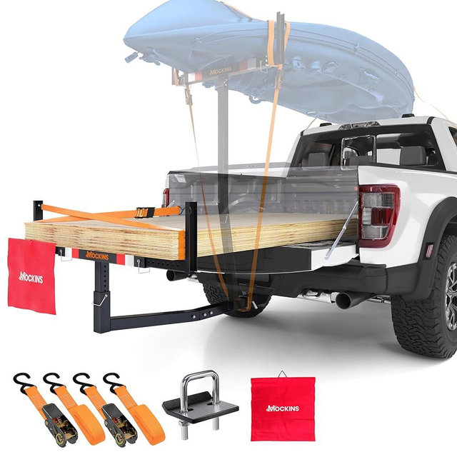Mockins 750 Lbs Cap Truck Bed Extender Hitch Mount | 2-in-1 All-Weather Steel Canoe Rack & Kayak Trailer with Stabilizer & Straps | Versatile Truck Bed Hitch Extender for Ladders, Pipes, Lumber & More