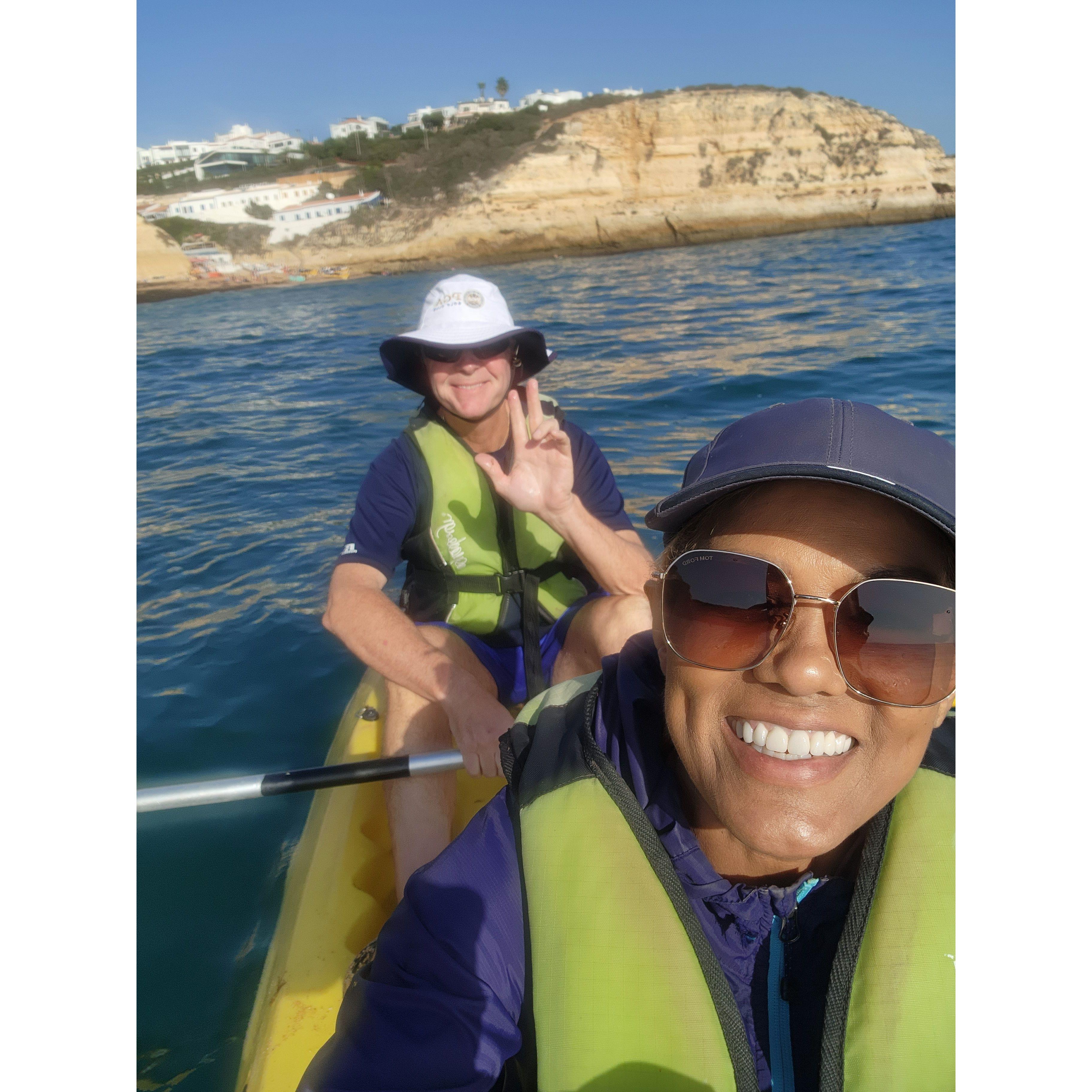 Kayaking on the Atlantic Ocean in the Algarve region of Portugal; October 2022