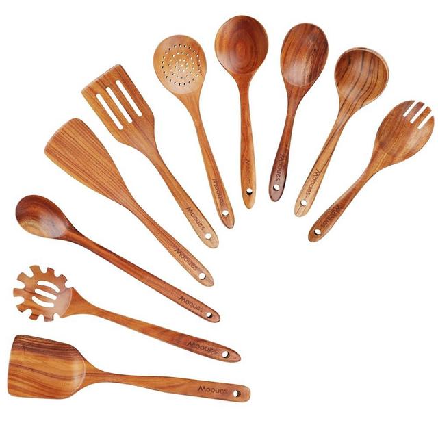Mooues Wooden Spoons for Cooking, Wooden Utensils for Cooking Natural Teak Wooden Kitchen Utensils Set Comfort Grip (10 PCS SET)