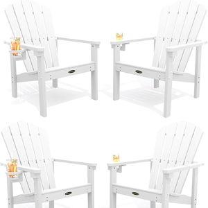 THOEOE Stackable Adirondack Chair Set of 4, HDPE All-Weather Adirondack Chairs - Durable and Space Saving, Plastic Outdoor Fire Pit Chairs with Cup Holder,White
