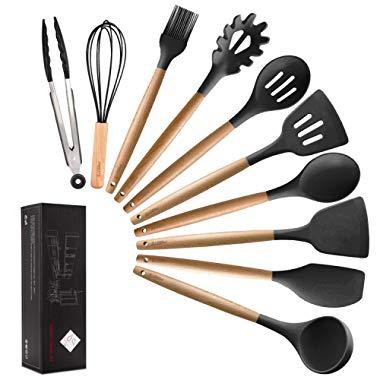 MIBOTE 11pcs Silicone Cooking Kitchen Utensils Set, Bamboo Wooden Handles Cooking Tool BPA Free Non Toxic Silicone Turner Tongs Spatula Spoon Kitchen Gadgets Utensil Set for Nonstick Cookware (Grey)