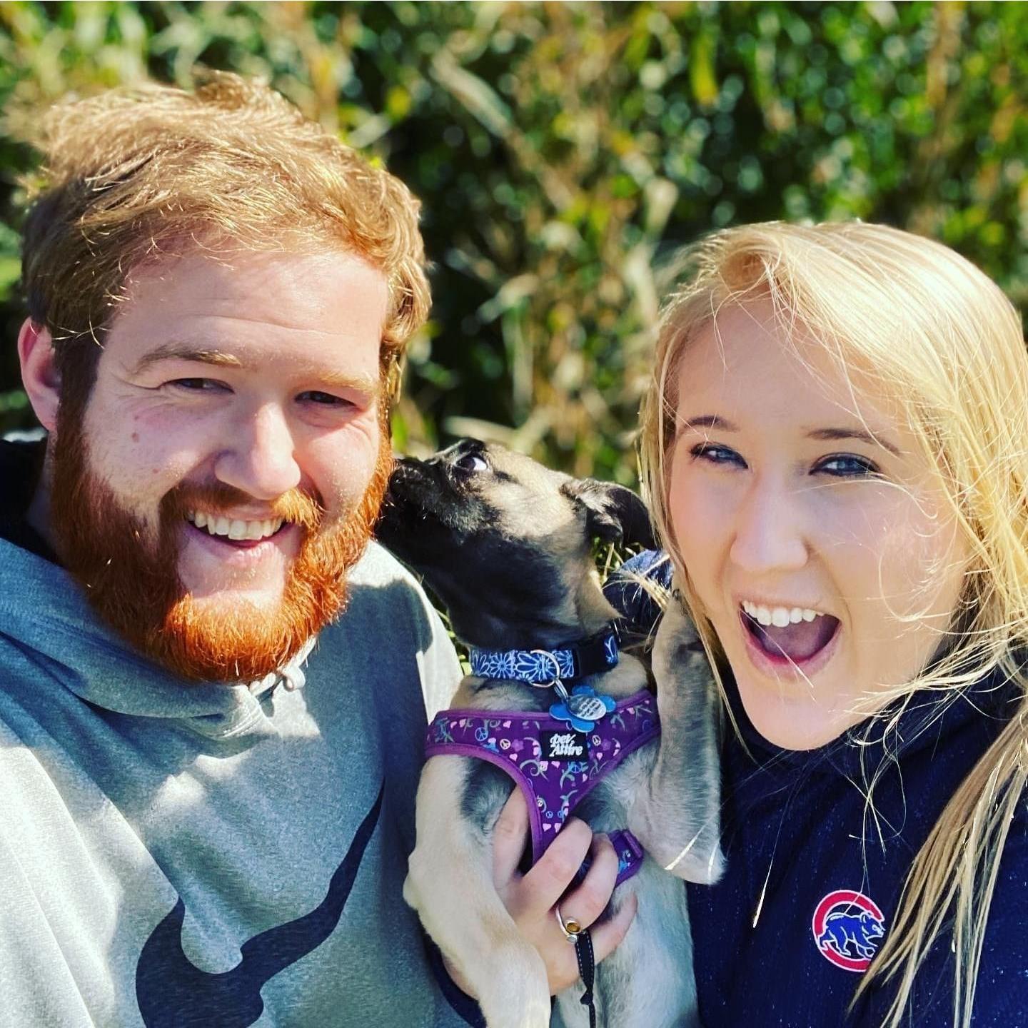 We adopted our Peachy girl from Bluegrass Pug rescue in December of 2019 and it has been quite a journey! Raising a puppy together has taught us a lot and we sure do love our wild girl.
