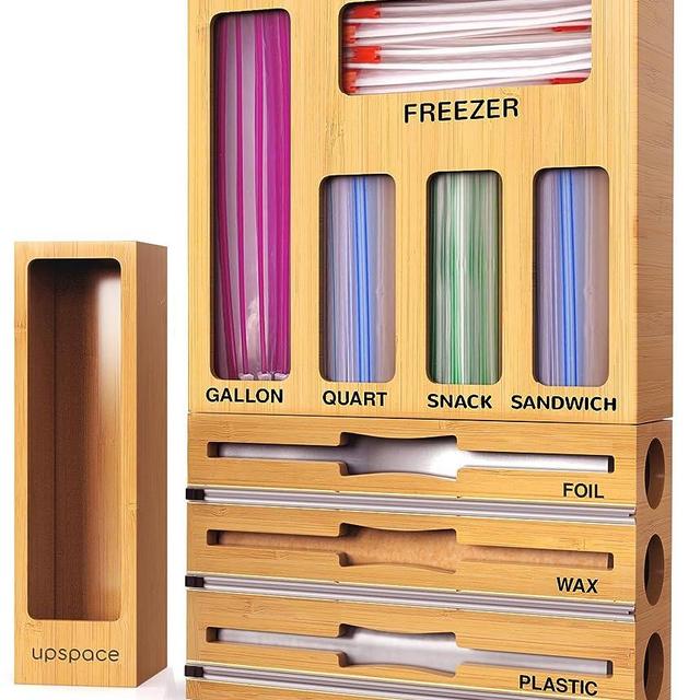 Ziplock Bags Organizer with Foil, Plastic & Wax Wrap Dispenser ,9 IN1 Bamboo Organizer With Cutter For Kitchen Drawer, Ziplock Bag Organizer,Wax, Foil & Plastic Dispenser For Kitchen Drawer,Kitchen Bag Organizer With Snack ,Gallon,Sandwich ,Quart Sizes