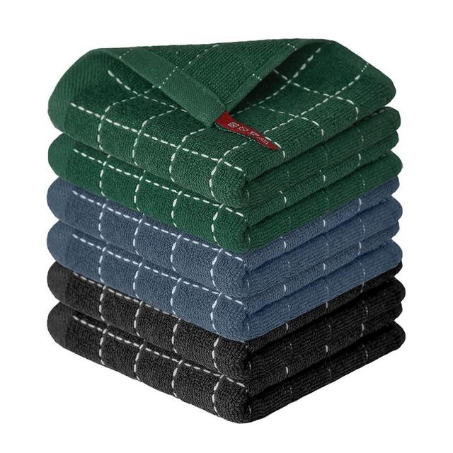 Artoid Mode Checkered Designed Cotton Grey Black Green Terry Kitchen Dish Cloths, 12x12 Inch Soft Absorbent Quick Drying Kitchen Rags Set of 6