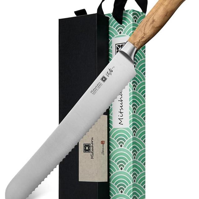 Mitsuharu Bread Serrated Knife, 10 inch SHOMAN Series Razor Sharp Greman Stainless Steel Knife with Olive Wood Handle, Bread Cutting Knife for Homemade Sourdough Bread Pastries with Case