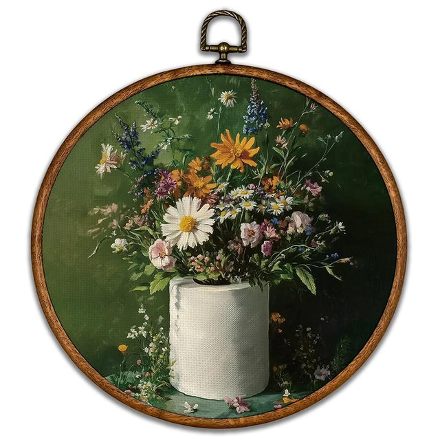 KSDUT Bathroom Wall Art Decor - Retro Dark Green Botanical Wall Art Canvas Frame Hanging Prints, Vintage Cottage Core Toilet Paper Round Wall Art Decor for Home Bathroom Decorations 10"x10"