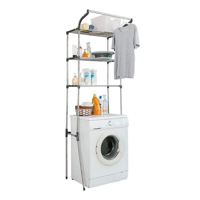 Hershii 3-Tier Laundry Room Shelf Over The Toilet/Washing Machine Storage Rack Bathroom Organizer Stand Space Saver Shelving Units with Clothes Hanging Rod - Grey