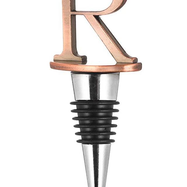 Wine Stoppers,Reusable Wine Bottle Stoppers,Stainless Steel Letter Wine Stopper, Food Grade Silicone Material Decorative Wine Stoppers Funny Gift -Bronze Color (Letters R)