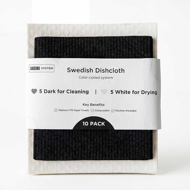 TIDY SYSTEM Swedish Dishcloths 10 Pack - Color-Coded Kitchen Cleaning Cloths - 5 Dark for Cleaning, 5 White for Drying - Replaces Paper Towels & Sponges - Eco Friendly, Compostable, Reusable