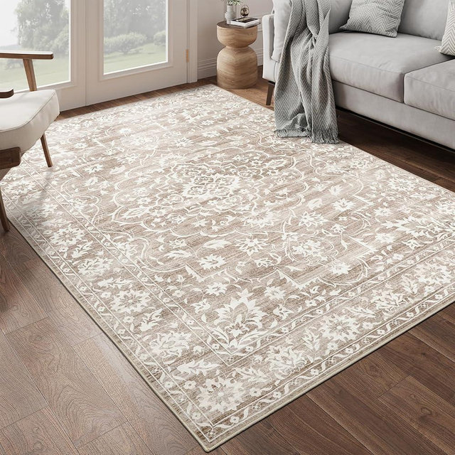 Soalmost 8x10 Area Rugs for Living Room, Stain Resistant Washable Rugs for Dining Room, Kitchen, Floral Vintage Non-Slip Thin Large Area Rug(Light Brown, 8'x10')