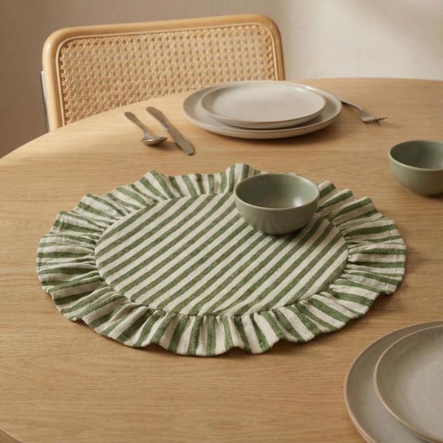 Green Striped Round Ruffled Placemats, Cotton Linen Placemats for Table, Washable Placemats Set